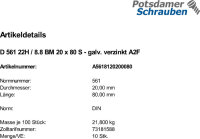 10 Sechskantschrauben DIN 561 22H / 8.8 verzinkt BM20x80