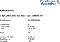 1 Sechskantschrauben DIN 561 22H / 8.8 verzinkt BM30x100