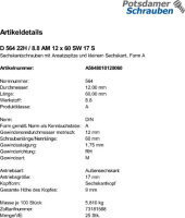 25 Sechskantschrauben DIN 564 22H / 8.8 Stahl AM12x60