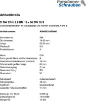 10 Sechskantschrauben DIN 564 22H / 8.8 Stahl BM16x60