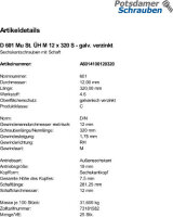 25 Sechskantschrauben + Mutter DIN 601 verzinkt M12x320
