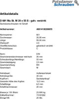 25 Sechskantschrauben + Mutter DIN 601 verzinkt M20x55