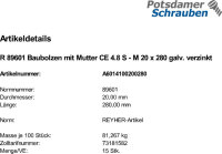 10 Sechskantschrauben + Mutter DIN 601 verzinkt M20x280