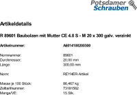 10 Sechskantschrauben + Mutter DIN 601 verzinkt M20x300