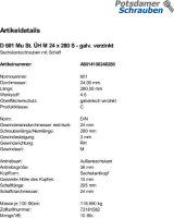 10 Sechskantschrauben + Mutter DIN 601 verzinkt M24x280