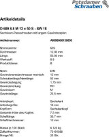 25 Sechskant Passschrauben DIN 609 8.8 M12x50 Stahl