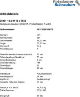 25 Sechskantschrauben DIN 931 10.9 schwarz M16x75