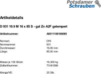 25 Sechskantschrauben DIN 931 10.9 verzinkt M16x85