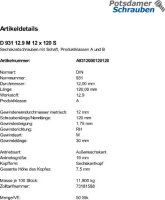 50 Sechskantschrauben DIN 931 12.9 schwarz M12x120