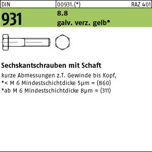 25 Sechskantschrauben DIN 931 8.8 M16x120 gelb verzinkt