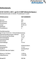 200 Sechskantschrauben DIN 931 8.8 M6x40 8 DiSP