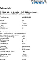 200 Sechskantschrauben DIN 931 8.8 M6x70 8 DiSP