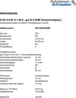 100 Sechskantschrauben DIN 931 8.8 M12x50 8 DiSP