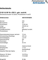 50 Sechskantschrauben DIN 931 8.8 verzinkt M10x250