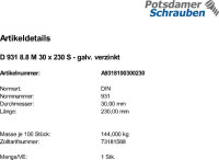 1 Sechskantschrauben DIN 931 8.8 verzinkt M30x230