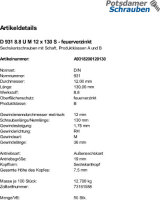 50 Sechskantschrauben DIN 931 8.8 U M12x130 feuerverzinkt...