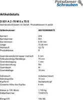 100 Edelstahl V2A Sechskantschrauben DIN 931 A2 - 70 M6x75