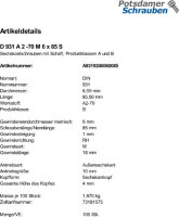 100 Edelstahl V2A Sechskantschrauben DIN 931 A2 - 70 M6x85