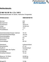 10 Feingewinde Sechskantschrauben DIN 960 10.9 M18x1,5x140