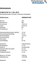100 Feingewinde Sechskantschrauben DIN 960 8.8 M10x1,25x55