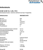 50 Feingewinde Sechskantschrauben DIN 961 8.8 M12x1,25x70