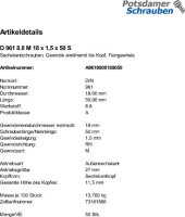 50 Feingewinde Sechskantschrauben DIN 961 8.8 M18x1,5x50