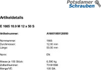 100 Sechskantschrauben EN 1665 10.9 M12x50 Stahl