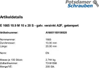 200 Sechskantschrauben EN 1665 10.9 M10x20 verzinkt
