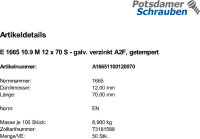 50 Sechskantschrauben EN 1665 10.9 M12x70 verzinkt