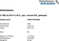 50 Sechskantschrauben EN 1665 10.9 M16x40 verzinkt