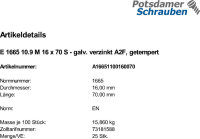 25 Sechskantschrauben EN 1665 10.9 M16x70 verzinkt