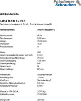 200 Sechskantschrauben ISO 4014 10.9 schwarz M8x75