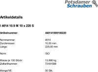 50 Sechskantschrauben ISO 4014 10.9 schwarz M10x220