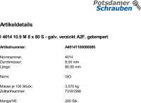 200 Sechskantschrauben ISO 4014 10.9 verzinkt M8x80