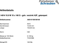 100 Sechskantschrauben ISO 4014 10.9 verzinkt M10x140