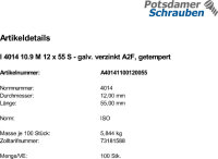 100 Sechskantschrauben ISO 4014 10.9 verzinkt M12x55