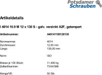 50 Sechskantschrauben ISO 4014 10.9 verzinkt M12x130