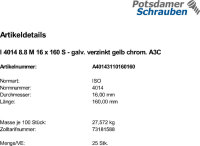 25 Sechskantschrauben ISO 4014 8.8 M16x160 gelb verzinkt