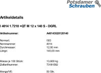 50 Sechskantschrauben ISO 4014 1.7218 +QT M12x140 DGRL