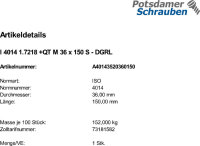 1 Sechskantschrauben ISO 4014 1.7218 +QT M36x150 DGRL