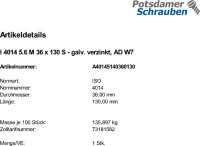 1 Sechskantschrauben ISO 4014 5.6 verzinkt M36x130