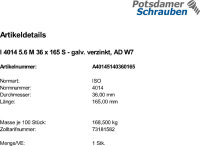 1 Sechskantschrauben ISO 4014 5.6 verzinkt M36x165