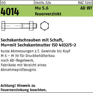 25 Sechskantschrauben ISO 4014 5.6 Mu Kl. 5 M16x65 feuerverzinkt tZn