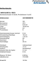 100 Sechskantschrauben ISO 4014 8.8 schwarz M8x150