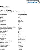 100 Sechskantschrauben ISO 4014 8.8 schwarz M8x180