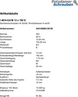 50 Sechskantschrauben ISO 4014 8.8 schwarz M12x150