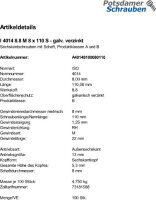 100 Sechskantschrauben ISO 4014 8.8 verzinkt M8x110