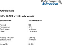 50 Sechskantschrauben ISO 4014 8.8 verzinkt M10x110