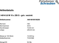 50 Sechskantschrauben ISO 4014 8.8 verzinkt M10x250