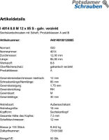 50 Sechskantschrauben ISO 4014 8.8 verzinkt M12x85